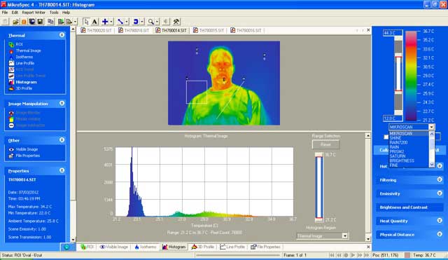 Complex histogram analysis and multiple color palette selection in the report software.