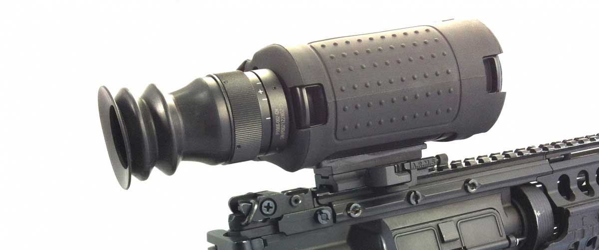 T14-X low cost thermal rifle scope for hog hunting mounted on a rifle close up