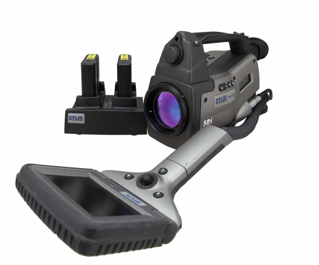 FLIR P40 infrared camera displayed with its batteries next to it