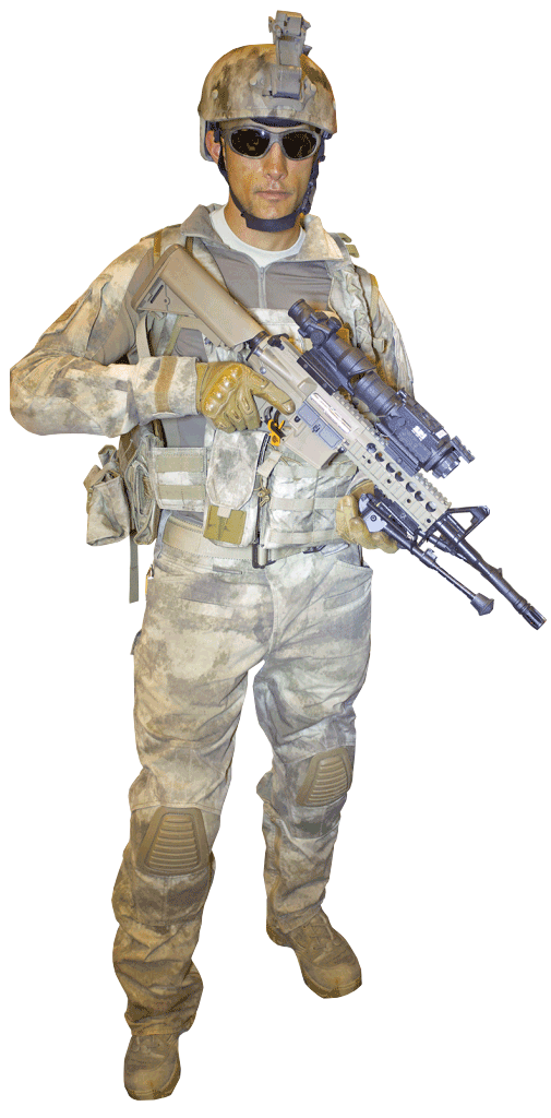 An Army operator showing his thermal scopes mounted on a rifle for combat