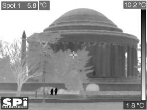 Black Hot thermal FLIR surveillance image of people posing for photos at the Jefferson Memorial in Washington, DC