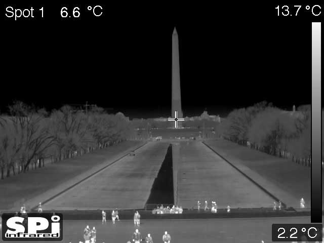 Thermal FLIR surveillance image of the Washington Monument in Washington, DC