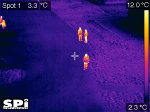 Infrared UAV drone image of people standing on a road by grass